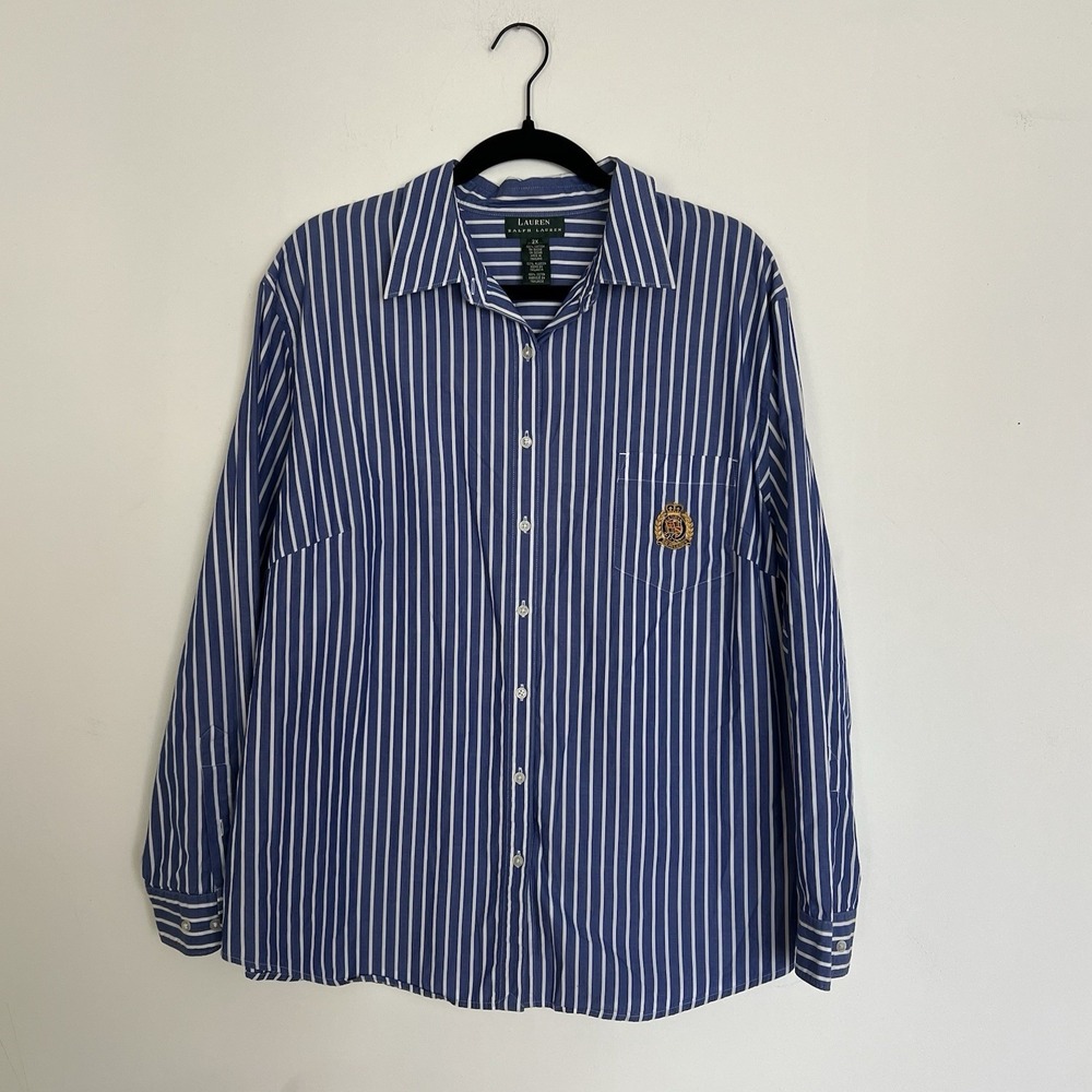 Ralph Lauren Buttondown Women 2XL Blue Stripe Embroidered Crest 100% Cotton Plus